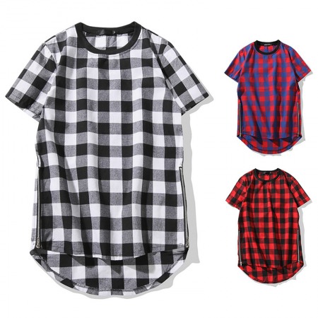 Men's High Street Long Plaid Double Side Zipper Round Neck Arc Short Sleeve T-Shirt