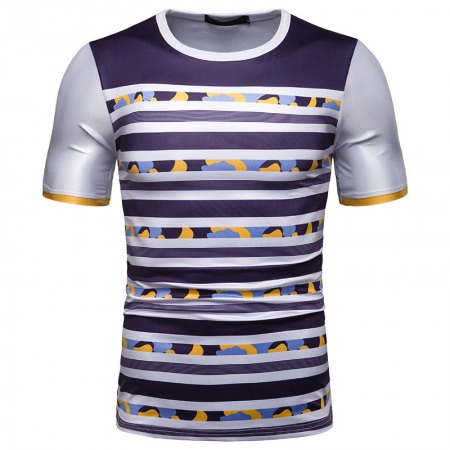 New Summer Men's Short-Sleeved T-Shirt Mens Contrast Striped Slim Casual T-Shirt