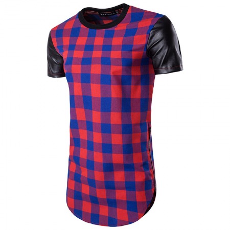 Hollow Hip-Hop High Street Men's Long Plaid Sleeves and Leather Double-Sided Zipper Arc Short-Sleeved T-Shirt