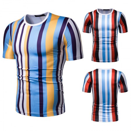 New Summer Men's Short-Sleeved T-Shirt Mens Contrast Striped Slim Casual T-Shirt