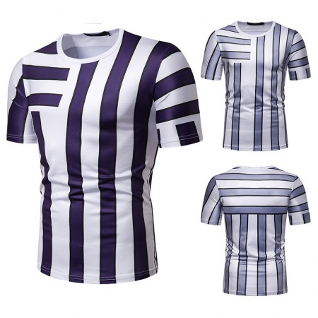 New Summer Men's Short-Sleeved T-Shirt Men's Contrast Striped Slim Casual T-Shirt