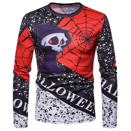 New Men's Personality Halloween Skull Print Round Neck 3D Long Sleeve T-Shirt