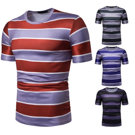 New Summer Men's Short-Sleeved T-Shirt Mens Contrast Striped Slim Casual T-Shirt