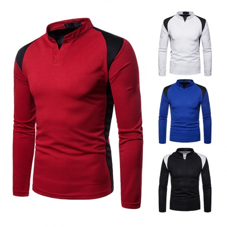 Men's Irregular Stitching Long-Sleeved Plus Size Henry Collar T-Shirt